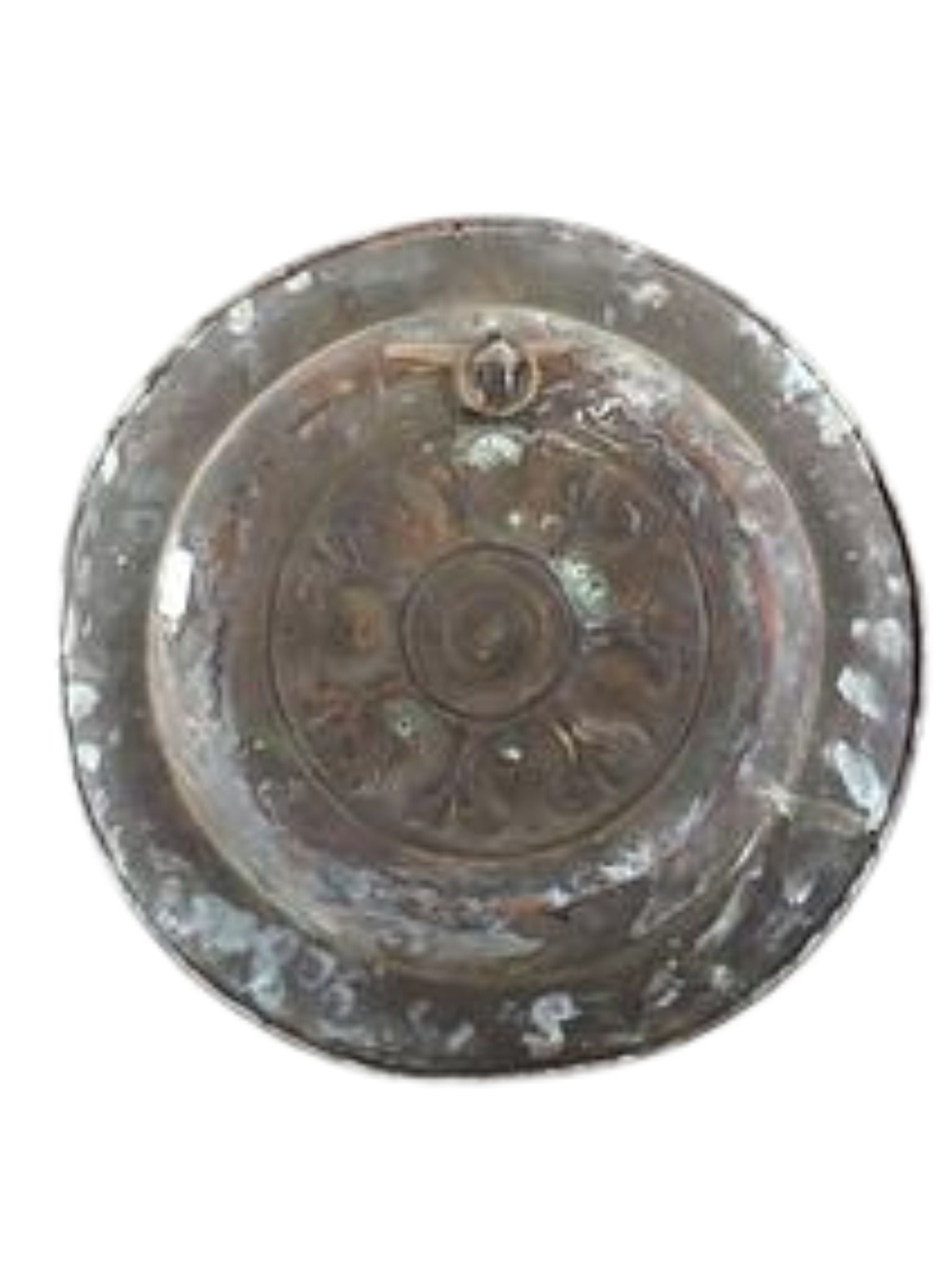 Decorative metal plate with intricate designs on a white background