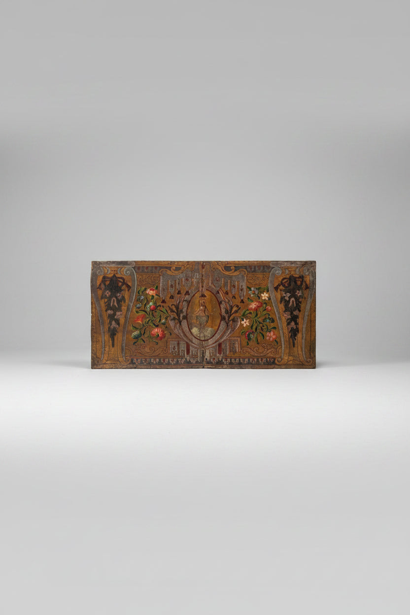 An antependium with stamped leather, featuring gilded, silvered, and polychrome painted details. It includes a central cartouche with the baptism of Christ, framed with palms, canopies, and drapery, surrounded by flowers and foliage.