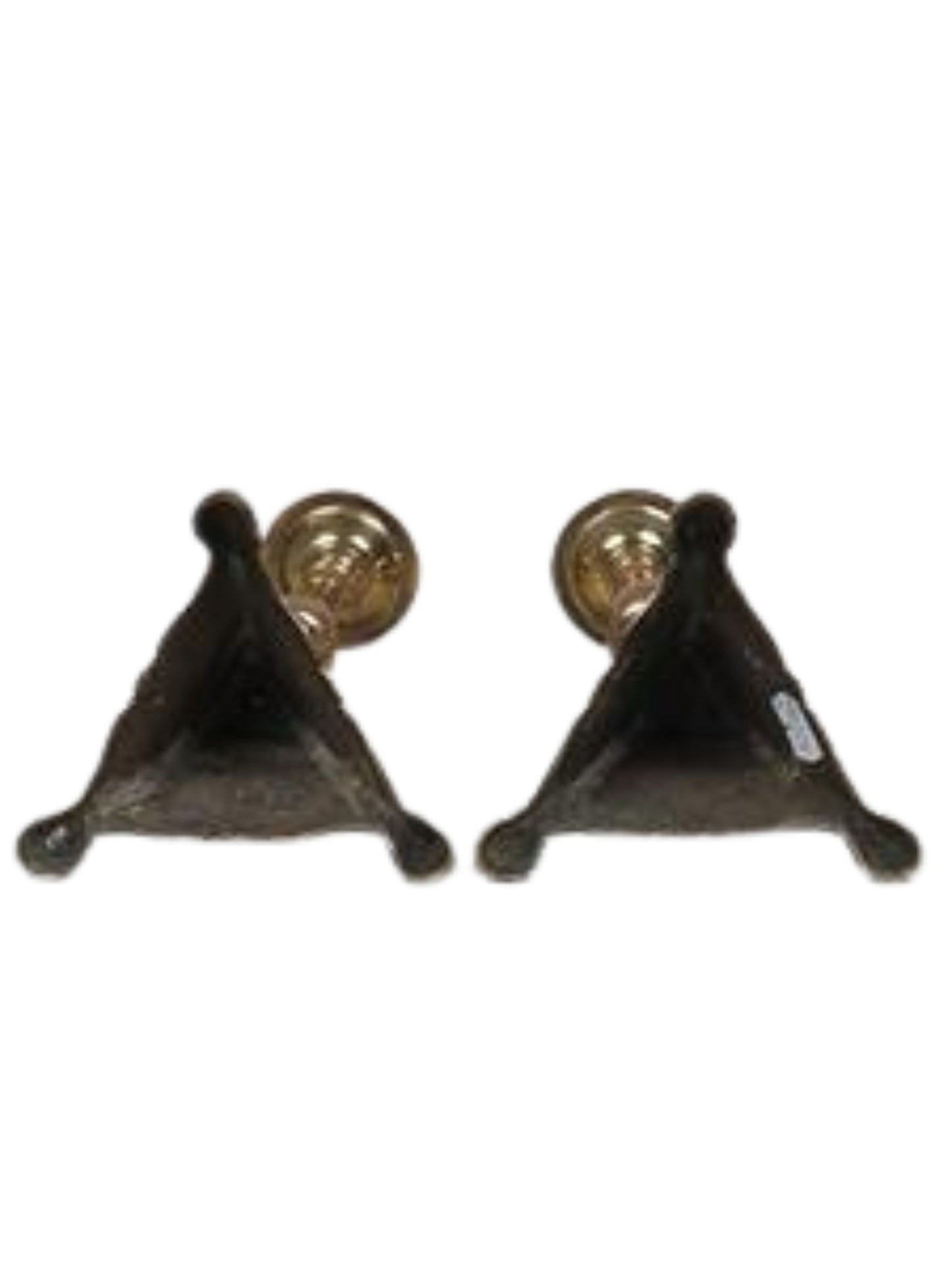 Pair of triangular earrings with gold centers on a white background
