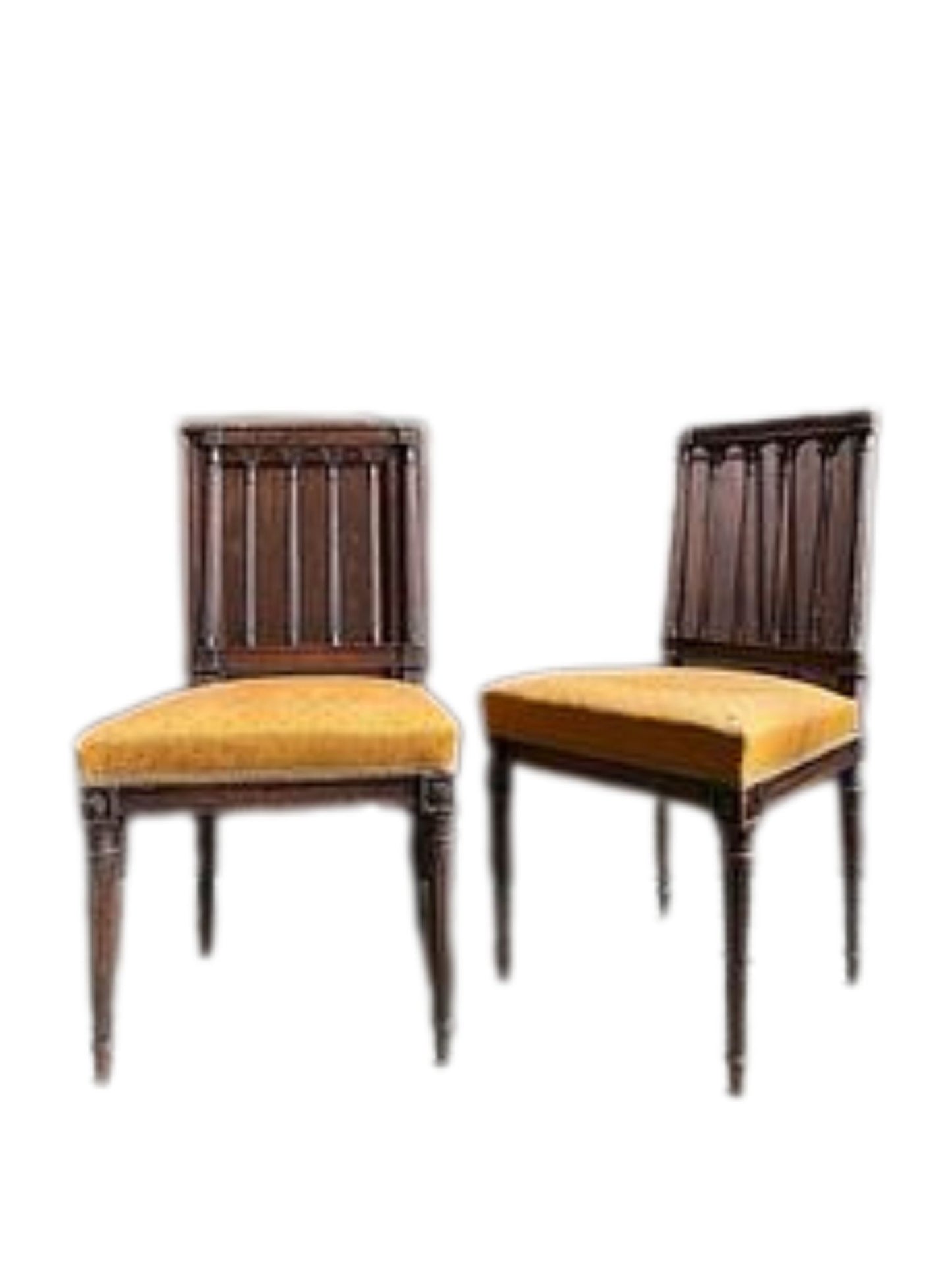 Two wooden chairs with yellow cushioned seats on a white background