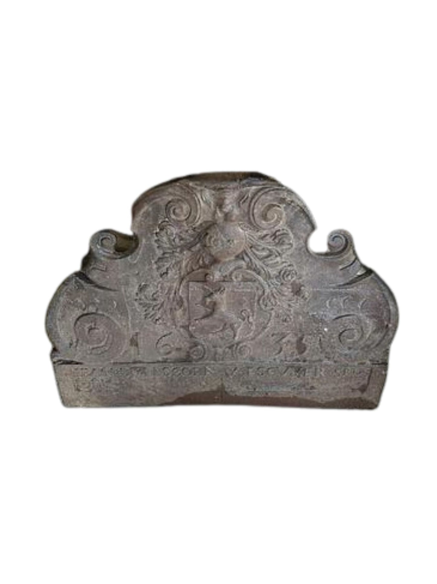 An old French cast iron fire back with a coat of arms and decorative outline.