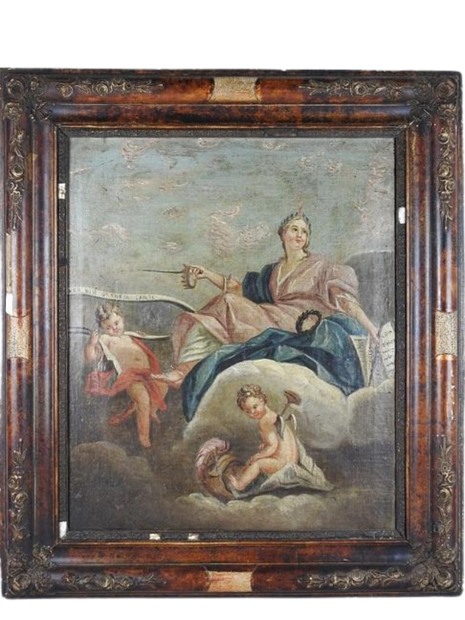 Vintage painting with classical figures in a decorative frame