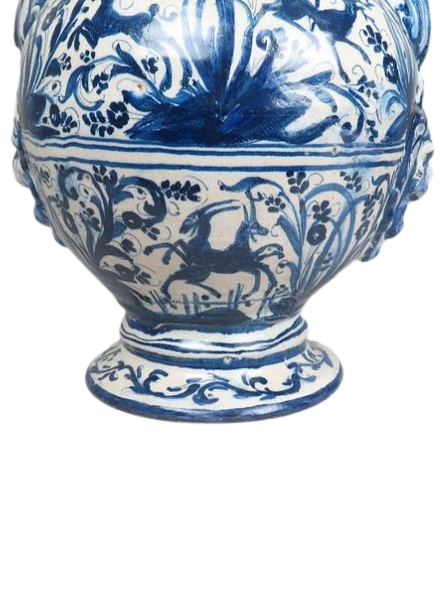 Blue and white ceramic vase with intricate patterns on a white background
