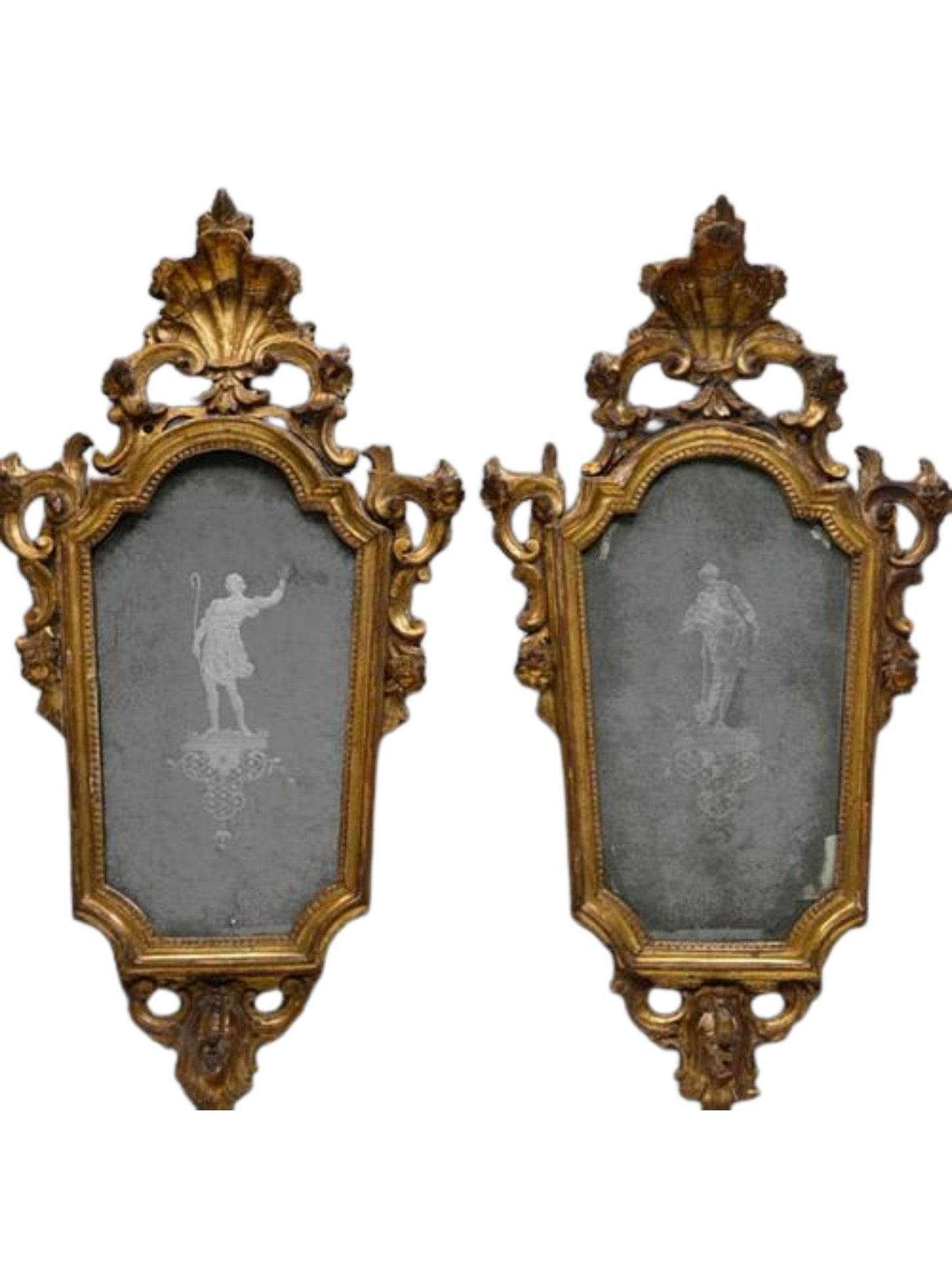 Pair of mirrors with figures on terrace 31.5 x 16.5 inches